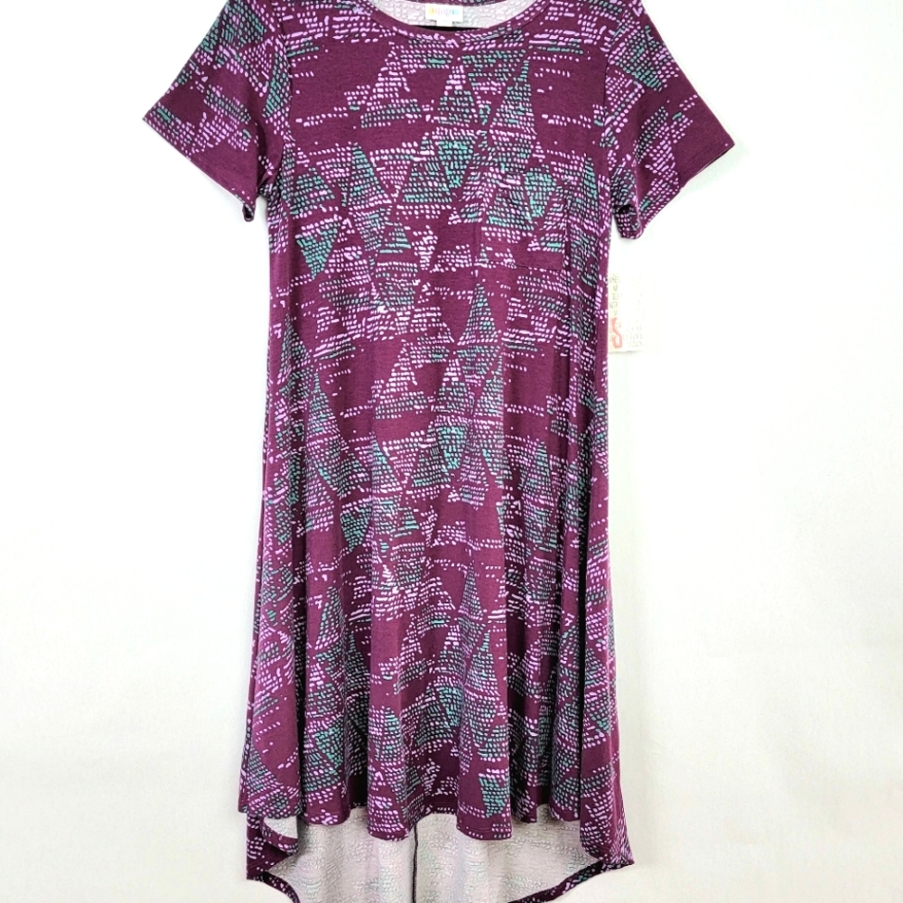 LulaRoe Carly Swing Dress Hi Low Size Small Purple and Turquoise Triangle Design